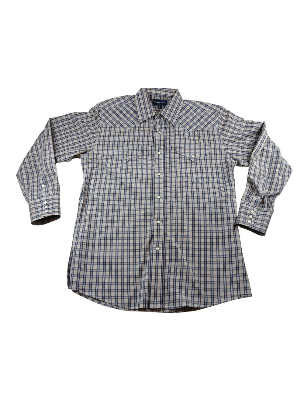 Panhandle Slim Western Shirt Mens Tan Blue Plaid Pearl Snap Long Sleeve 16 /35